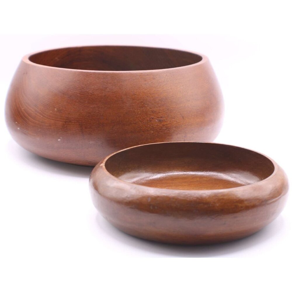 Vintage Hand Carved Wood Serving Bowls Set Rustic Kitchen Decor Natural Wood MCM